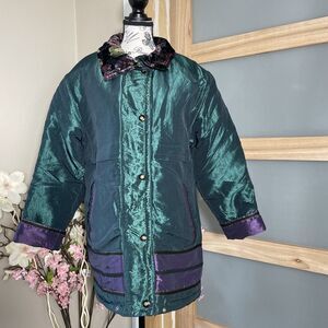 Vintage 90s Iridescent Teal Satin Puffer Coat Purple Trim Snap Front Oversized S